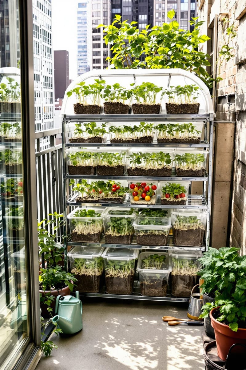 set up a tiny balcony greenhouse with clear containers and mini veggies 1