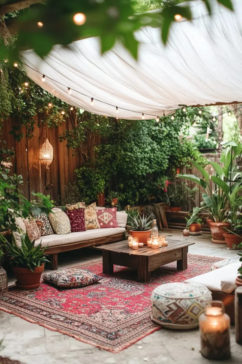 27 New Small Backyard Designs to Copy For Your Outdoor Space 56 shaded lounge with boho rugs and layered cushions 1