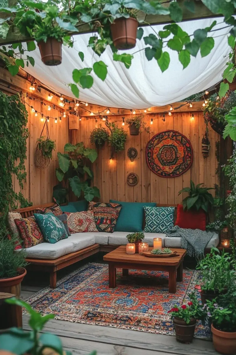 27 New Small Backyard Designs to Copy For Your Outdoor Space 57 shaded lounge with boho rugs and layered cushions 1