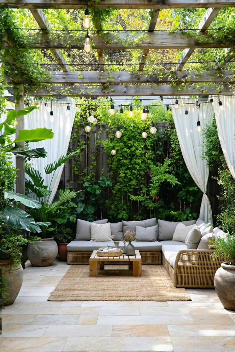 shaded patio oasis with lush vertical garden wall 1