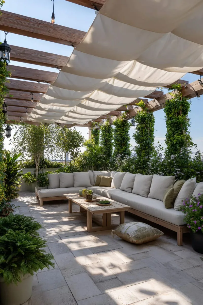 shaded patio oasis with lush vertical garden wall 1