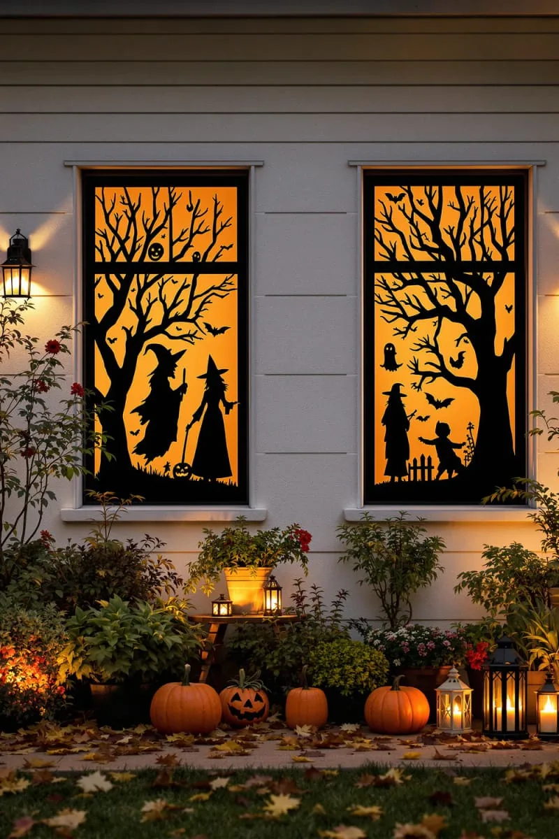 shadow silhouette cutouts on windows for a haunted house effect 1