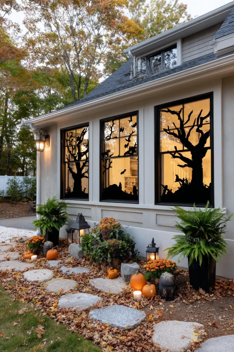 shadow silhouette cutouts on windows for a haunted house effect 1