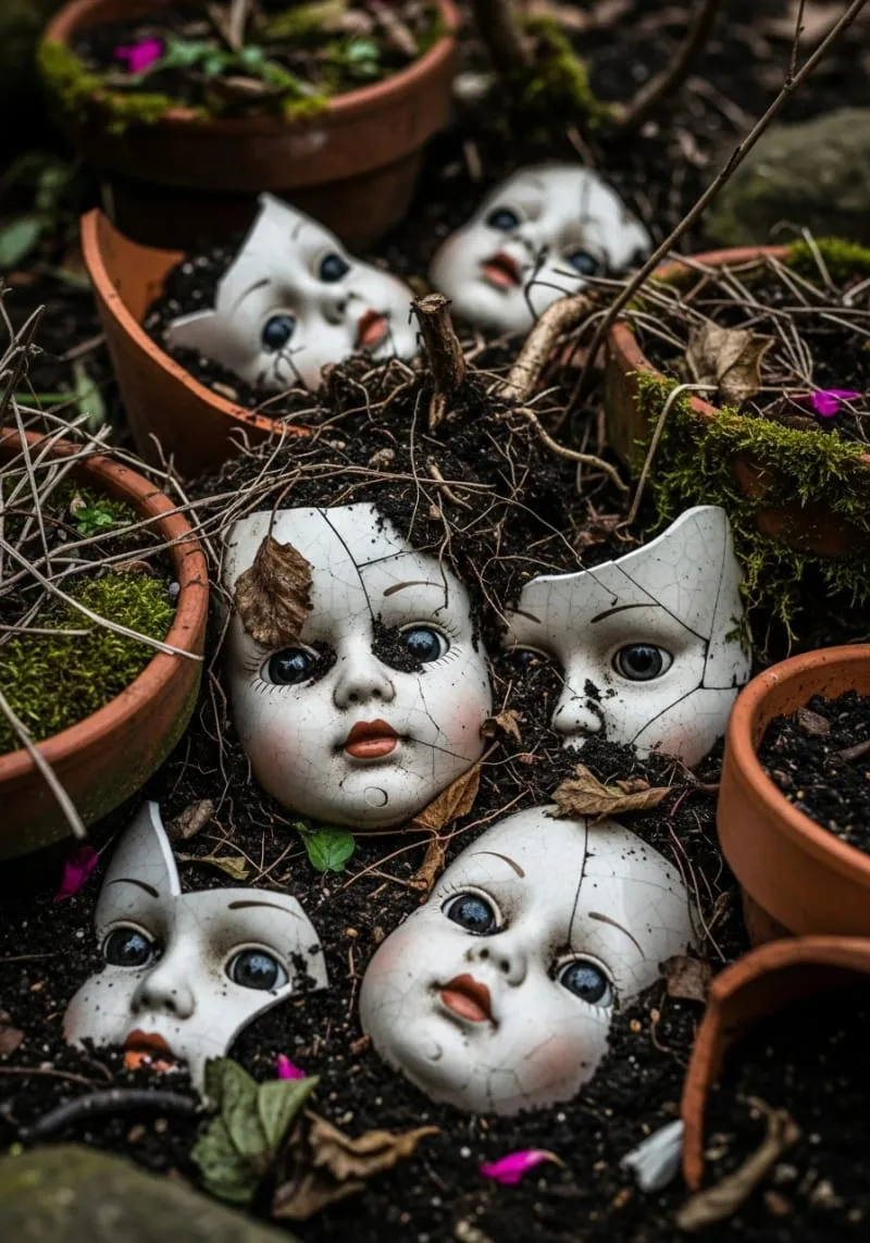 shattered doll faces embedded in garden soil and flowerpots 1