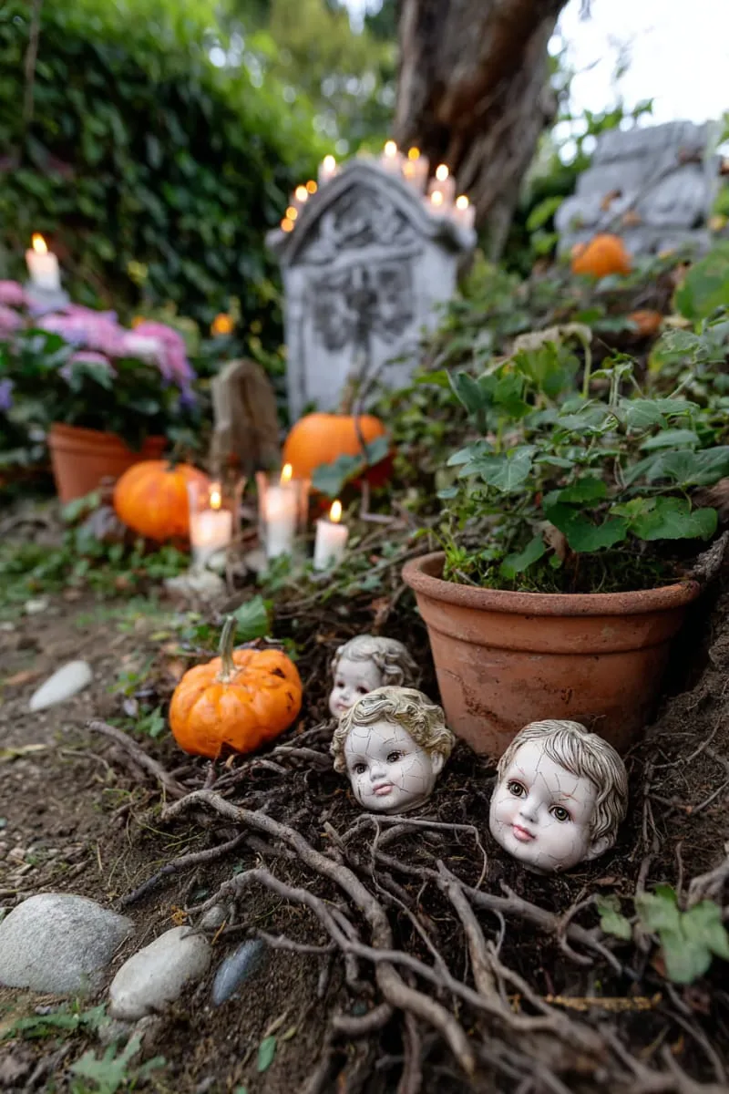 shattered doll faces embedded in garden soil and flowerpots 1