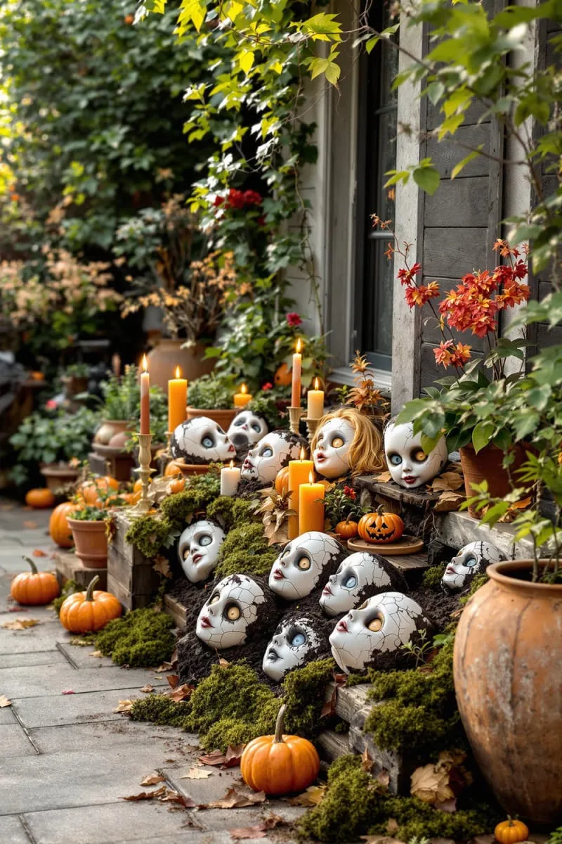 shattered doll faces embedded in garden soil and flowerpots 1