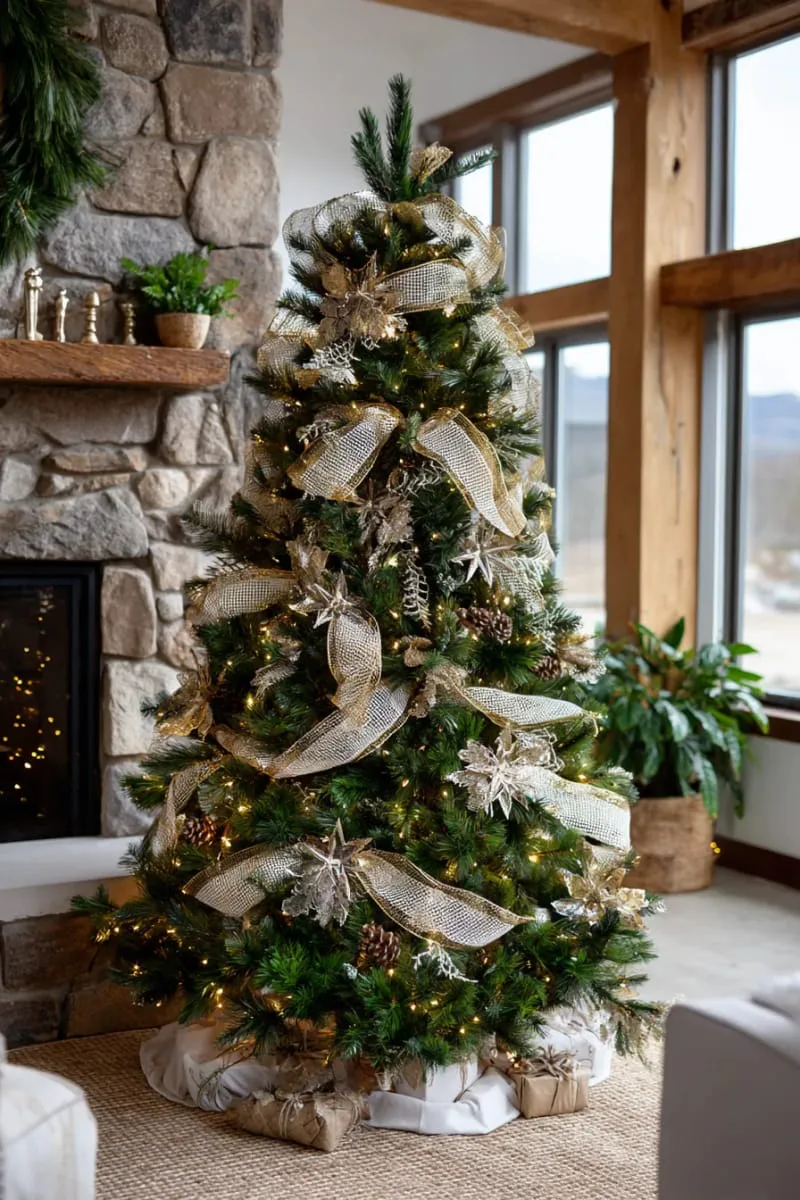 31 Dreamy Christmas Tree Decorations for a Unique Festive Touch 52 shimmering gold mesh ribbon woven through deep green branches 1