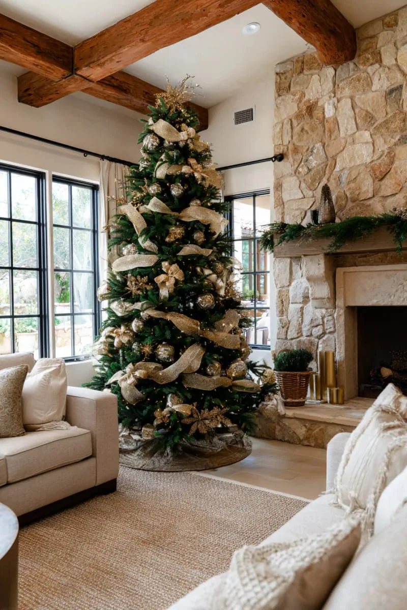 31 Dreamy Christmas Tree Decorations for a Unique Festive Touch 53 shimmering gold mesh ribbon woven through deep green branches 1