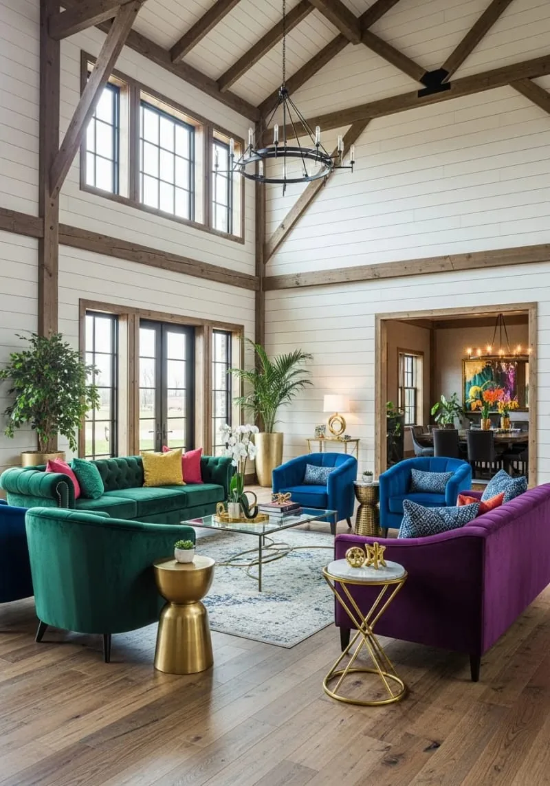 29 Unique Barndominium Interiors For Your Next Makeover 49 shiplap walls paired with jewel-toned velvet furniture 1