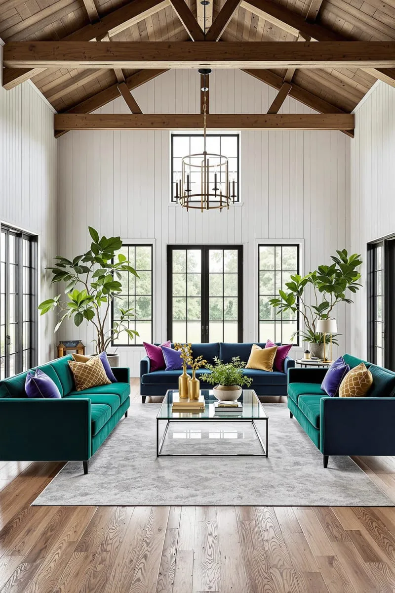 29 Unique Barndominium Interiors For Your Next Makeover 50 shiplap walls paired with jewel-toned velvet furniture 1