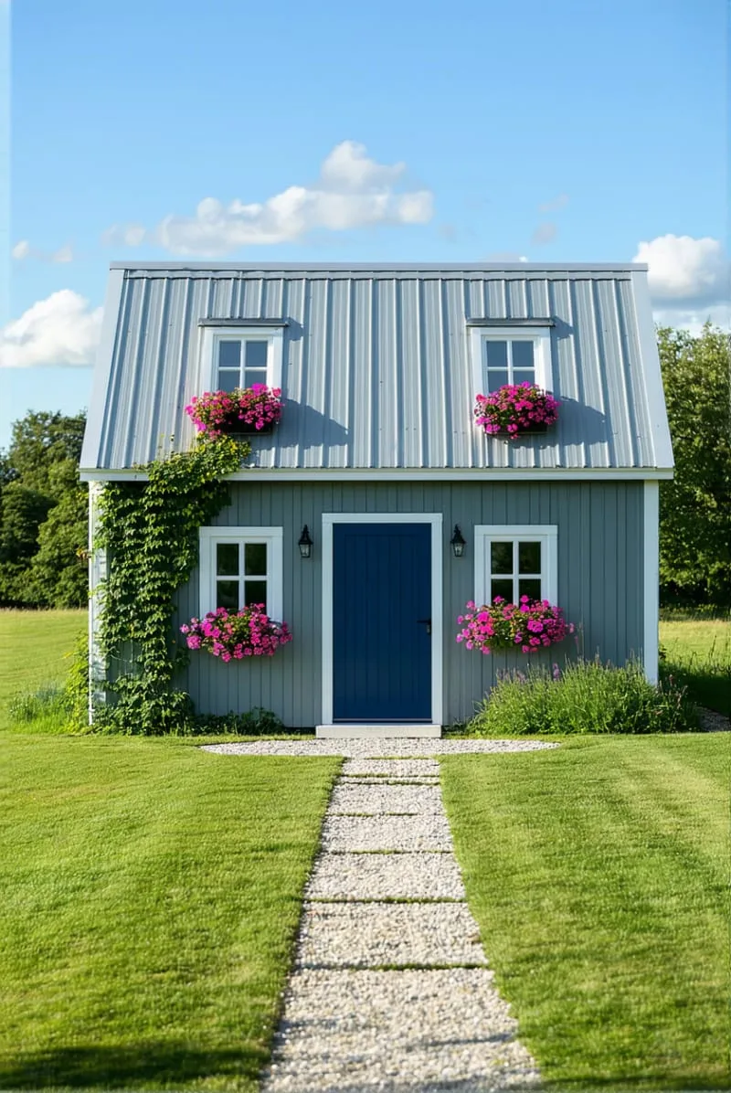 simple blue-gray facade with flower boxes under every window 1