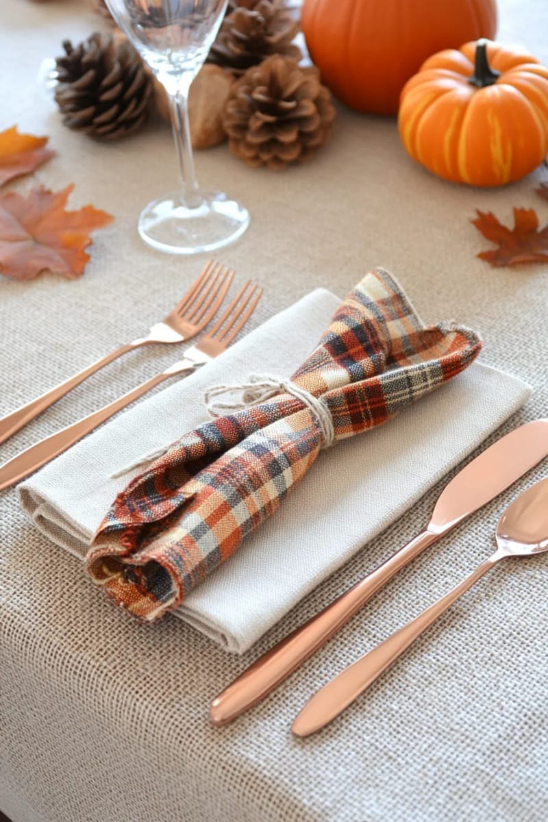simple burlap tablecloth layered with plaid napkins and copper cutlery 1