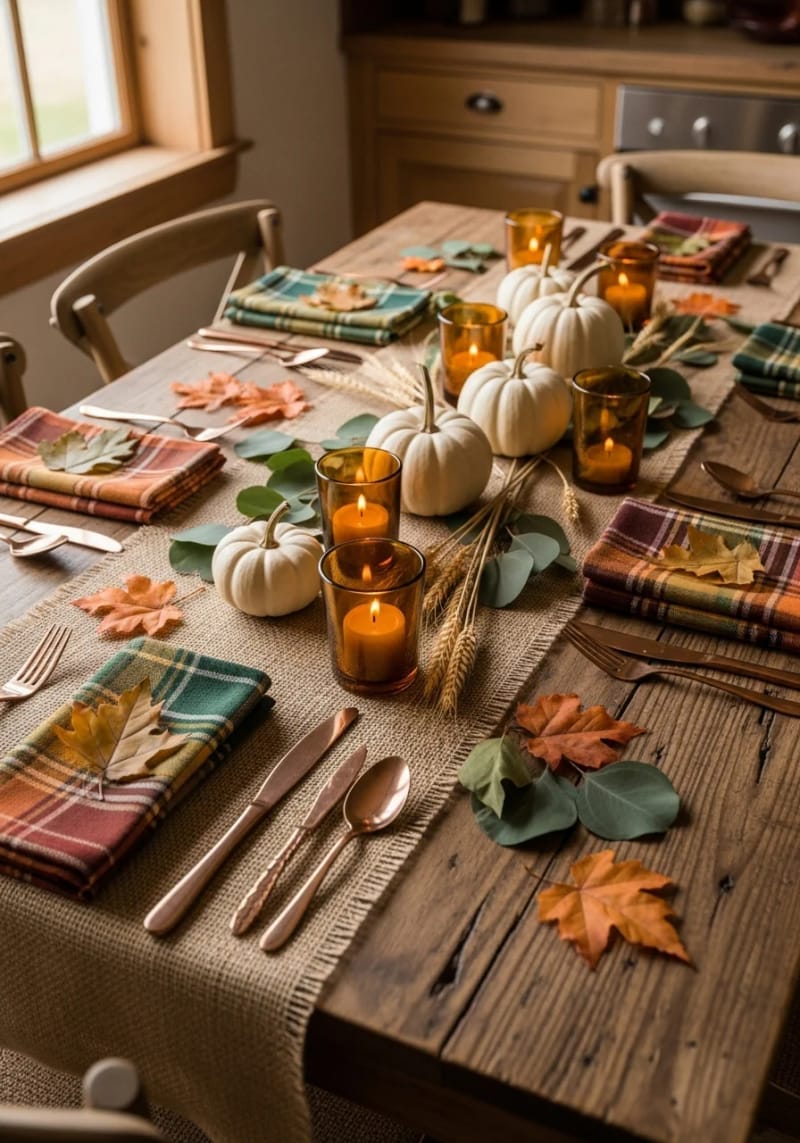 simple burlap tablecloth layered with plaid napkins and copper cutlery 1