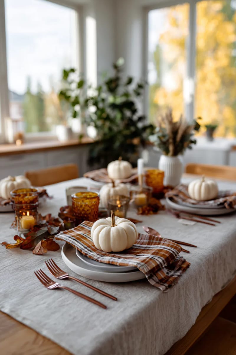 simple burlap tablecloth layered with plaid napkins and copper cutlery 1