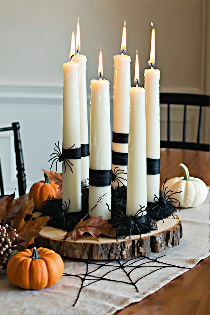 simple candle clusters with paper spider rings wrapped around bases 1