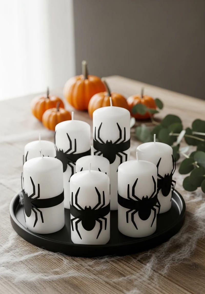 21 Simple Halloween Decorations for an Easy Seasonal Touch 100 simple candle clusters with paper spider rings wrapped around bases 1