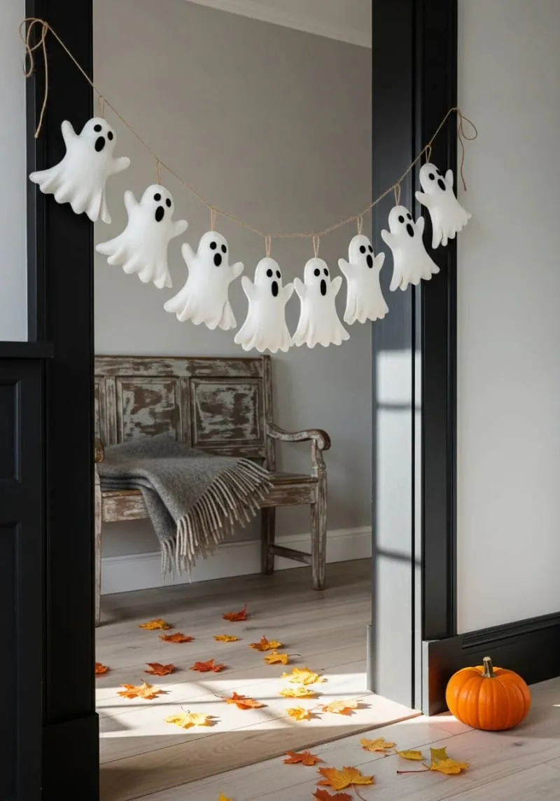simple felt ghost cutouts strung on twine across doorways 1