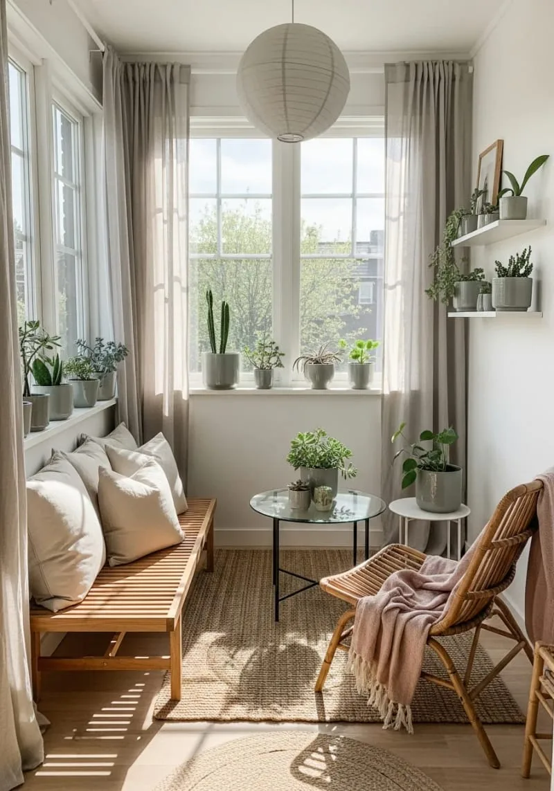19 Small Sunroom Ideas to Brighten Small Spaces 102 simple sunroom decorated with succulents and minimalist furniture 1