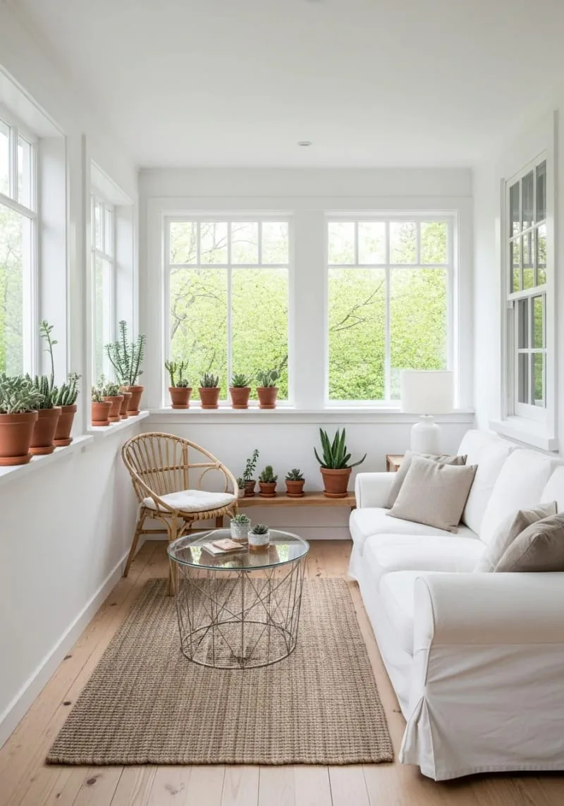 19 Small Sunroom Ideas to Brighten Small Spaces 103 simple sunroom decorated with succulents and minimalist furniture 1