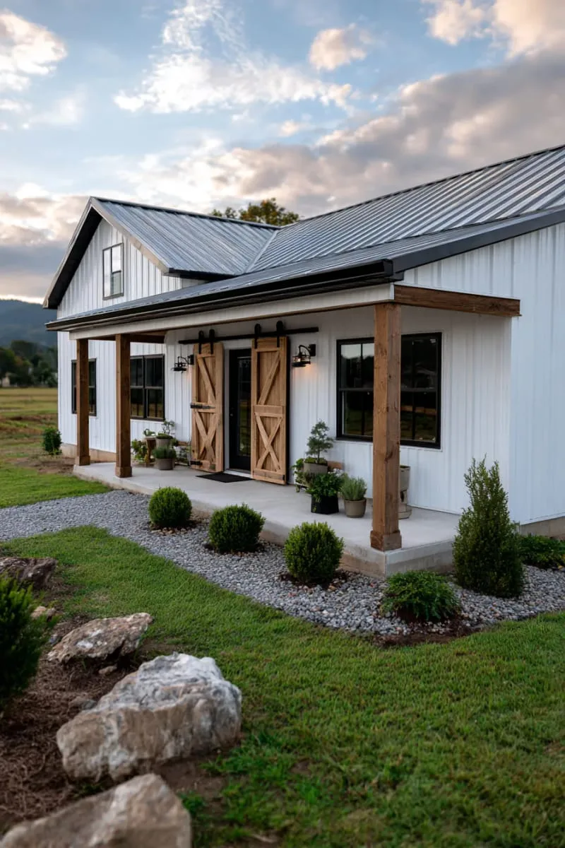single-story barndominium featuring barn-style sliding doors 1