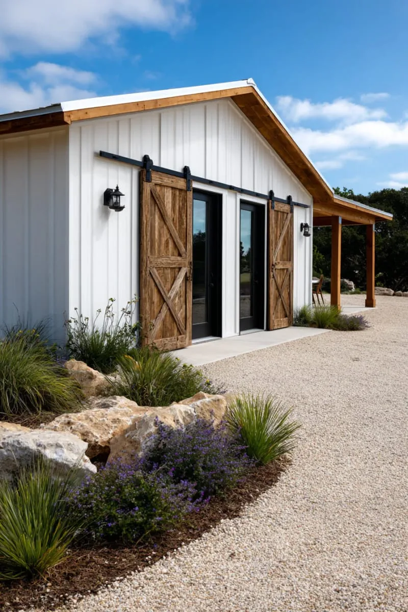 single-story barndominium featuring barn-style sliding doors 1
