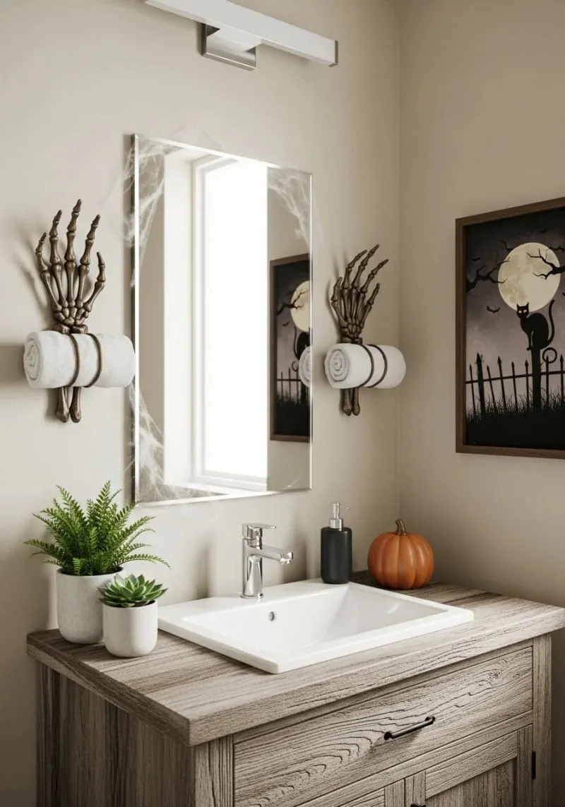 skeleton hand towel holders in the guest bathroom 1