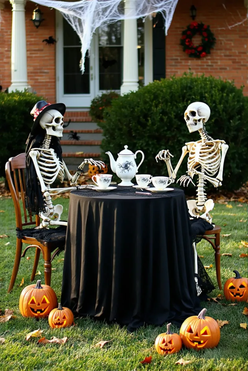 21 Unique Outdoor Halloween Decorations to Try This Year 13 skeleton tea party scene set up on the front lawn 1