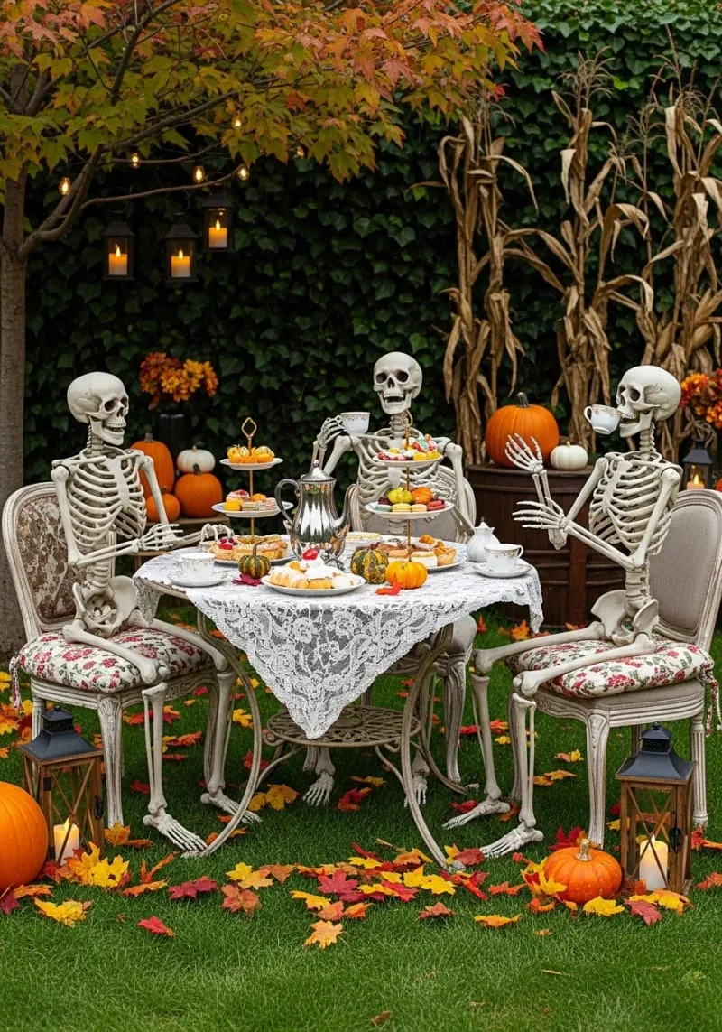 21 Unique Outdoor Halloween Decorations to Try This Year 16 skeleton tea party scene set up on the front lawn 1