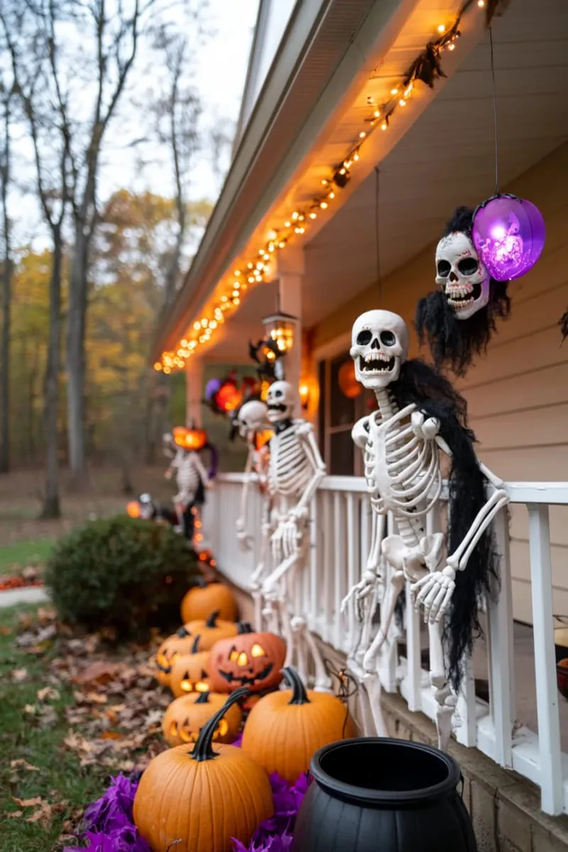 21 Unique Outdoor Halloween Decorations to Try This Year 74 skeletons climbing the house for a playful haunted look 1