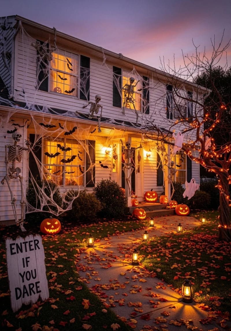 21 Unique Outdoor Halloween Decorations to Try This Year 78 skeletons climbing the house for a playful haunted look 1