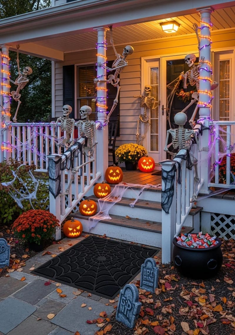 skeletons climbing up porch railings in playful poses 6