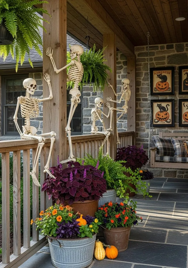 21 Halloween Porch Decorations: Ideas For A Unique Festive Entryway 12 skeletons climbing up porch railings in playful poses 1