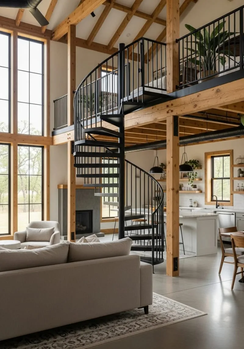 29 Unique Barndominium Interiors For Your Next Makeover 26 sleek black metal spiral staircase as a central design feature 1