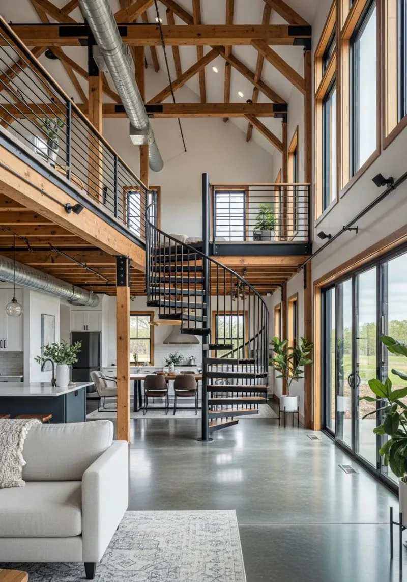 29 Unique Barndominium Interiors For Your Next Makeover 27 sleek black metal spiral staircase as a central design feature 1