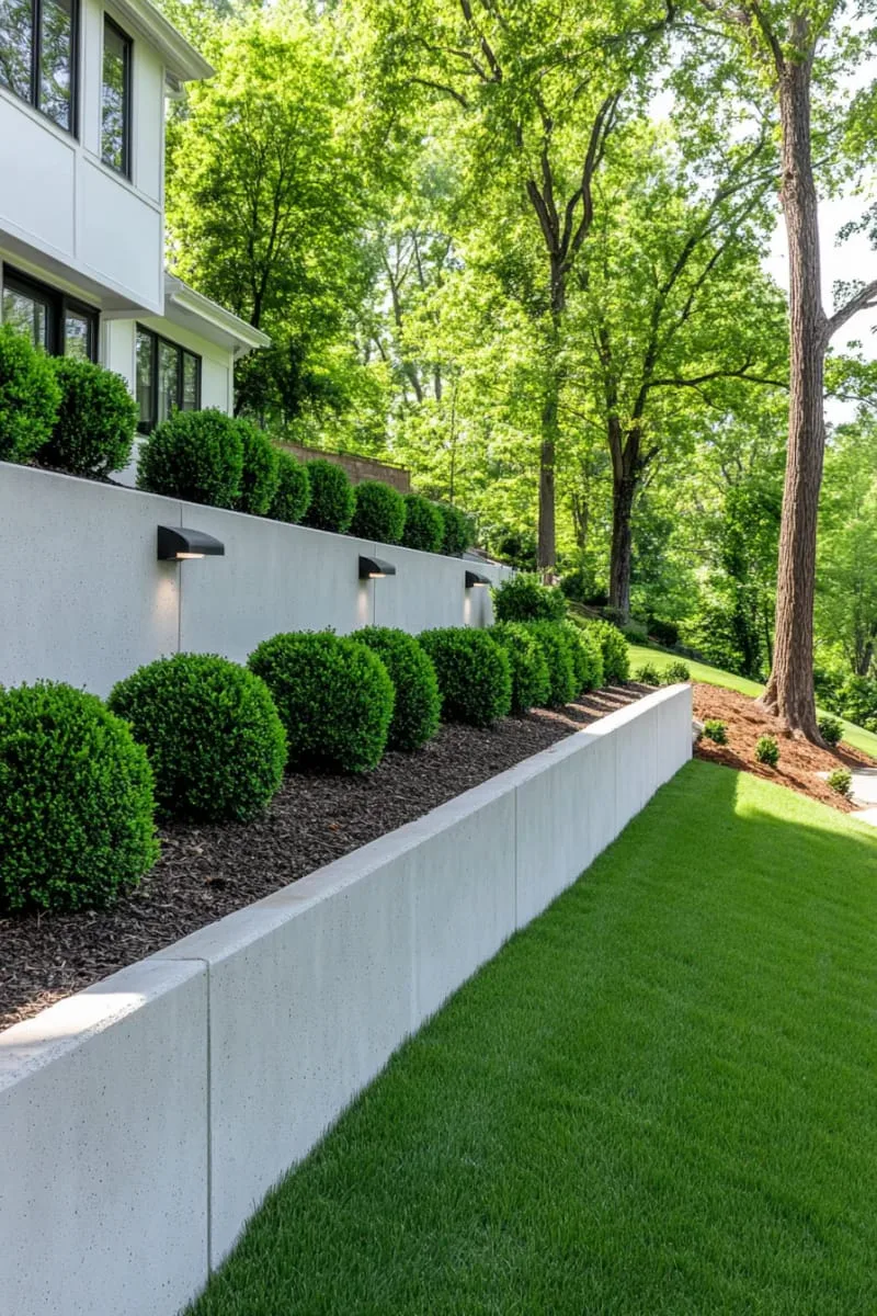 sleek concrete retaining walls paired with sculptural evergreen shrubs 1