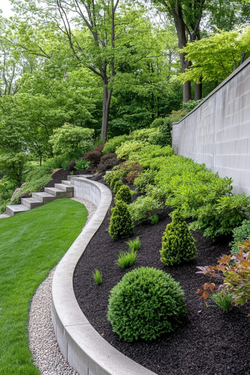 sleek concrete retaining walls paired with sculptural evergreen shrubs 1
