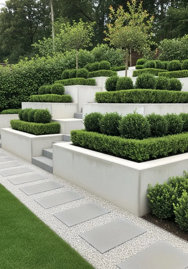 sleek concrete retaining walls paired with sculptural evergreen shrubs 1
