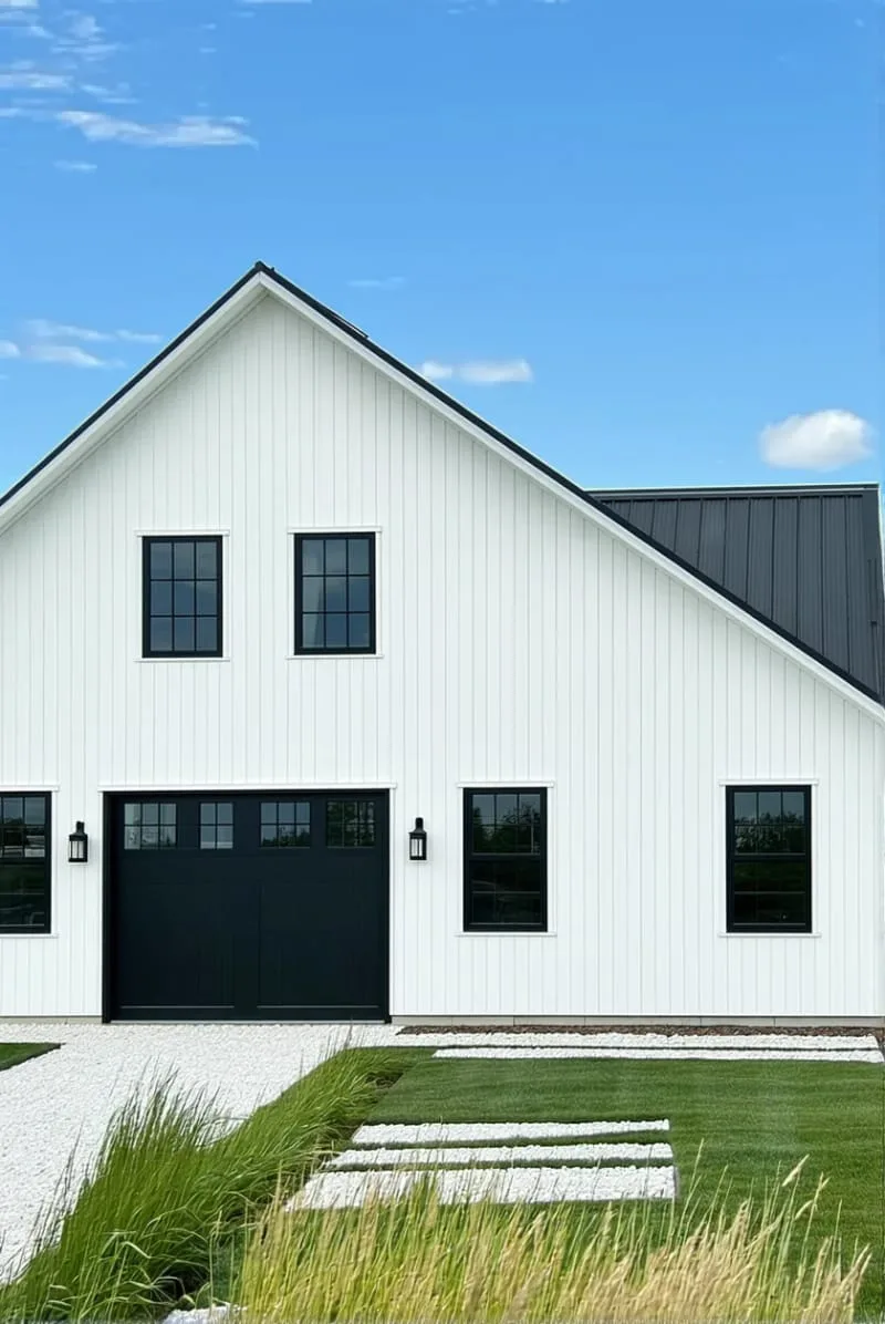 sleek farmhouse white with matte black window frames and doors 1