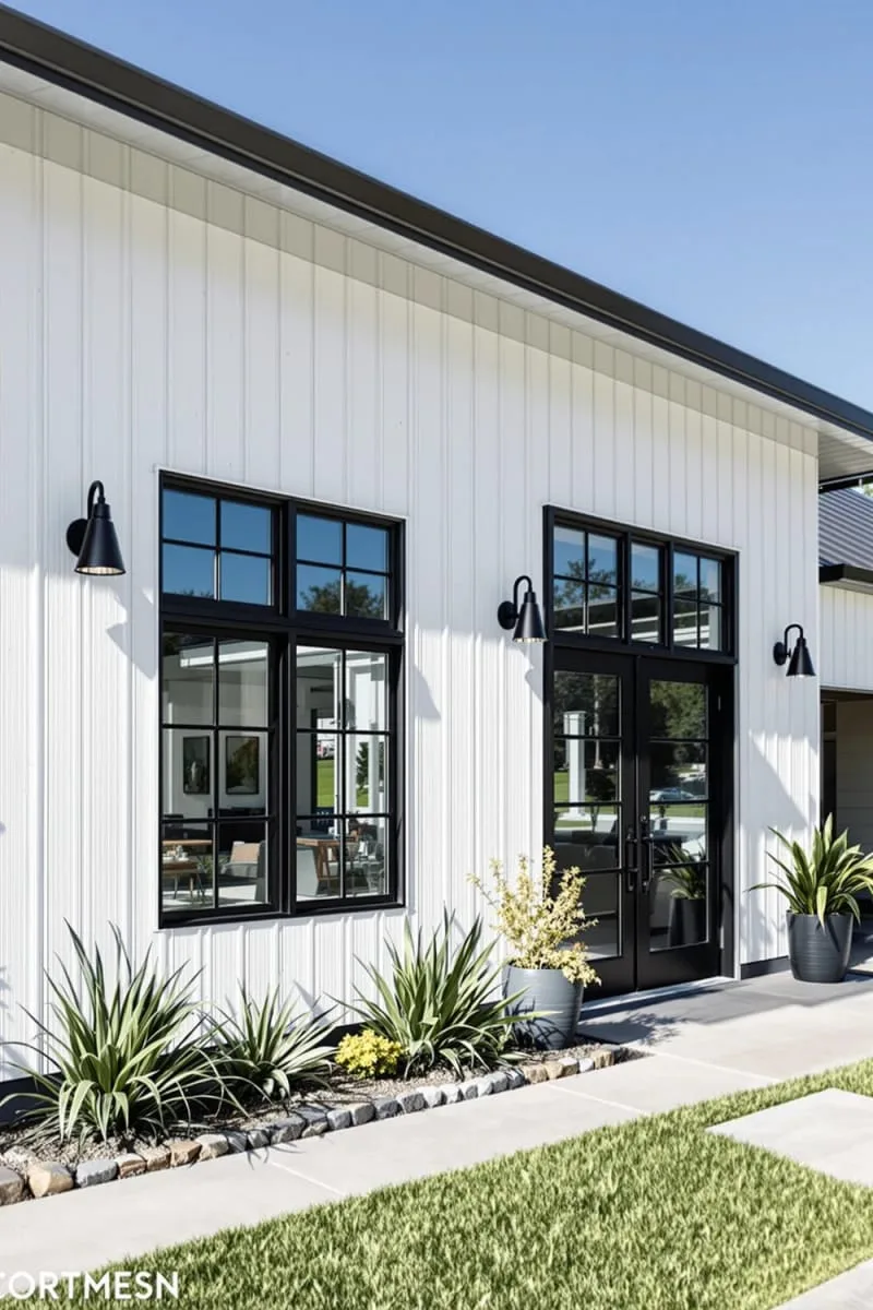 sleek farmhouse white with matte black window frames and doors 1