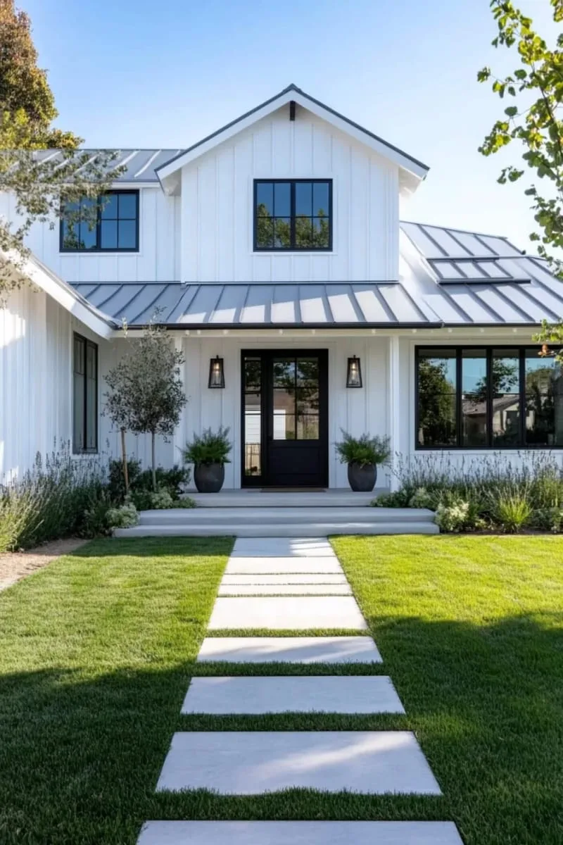 sleek farmhouse white with matte black window frames and doors 1