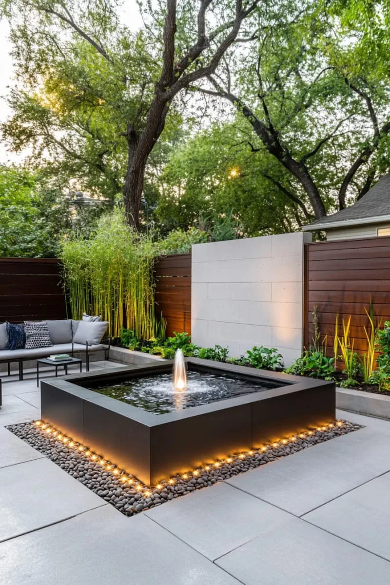 27 New Small Backyard Designs to Copy For Your Outdoor Space 70 sleek modern water feature with led lighting 1