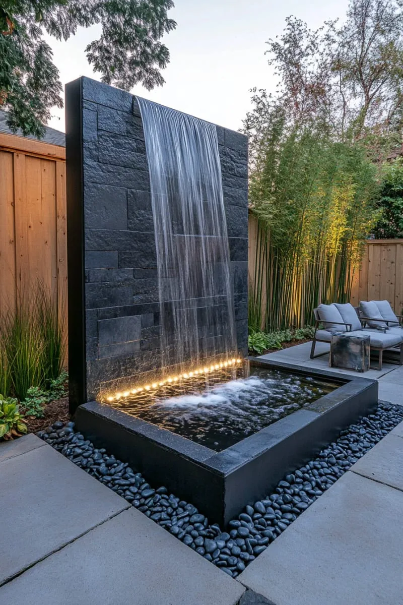 27 New Small Backyard Designs to Copy For Your Outdoor Space 72 sleek modern water feature with led lighting 1