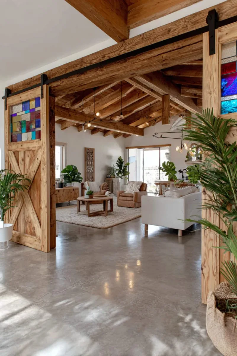 29 Unique Barndominium Interiors For Your Next Makeover 65 sliding barn doors with stained glass panels for a colorful touch 1