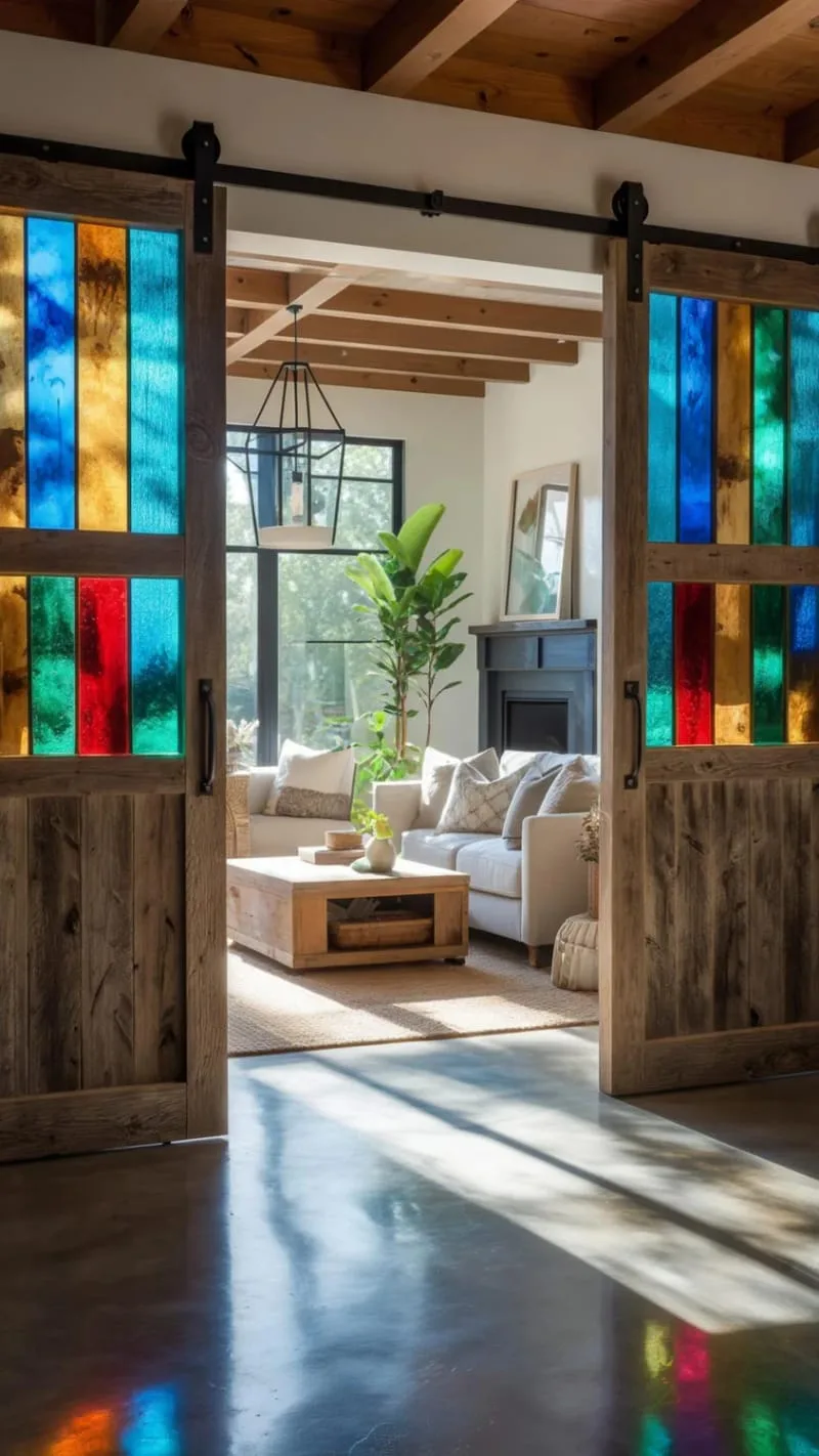 29 Unique Barndominium Interiors For Your Next Makeover 66 sliding barn doors with stained glass panels for a colorful touch 1