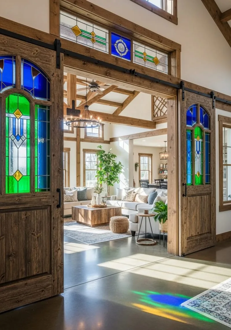29 Unique Barndominium Interiors For Your Next Makeover 67 sliding barn doors with stained glass panels for a colorful touch 1