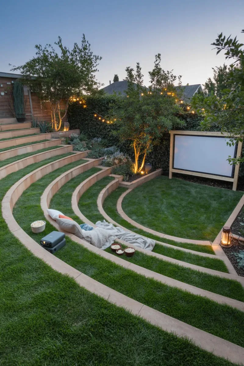 sloped backyard amphitheater using grass and timber for family movie nights 1