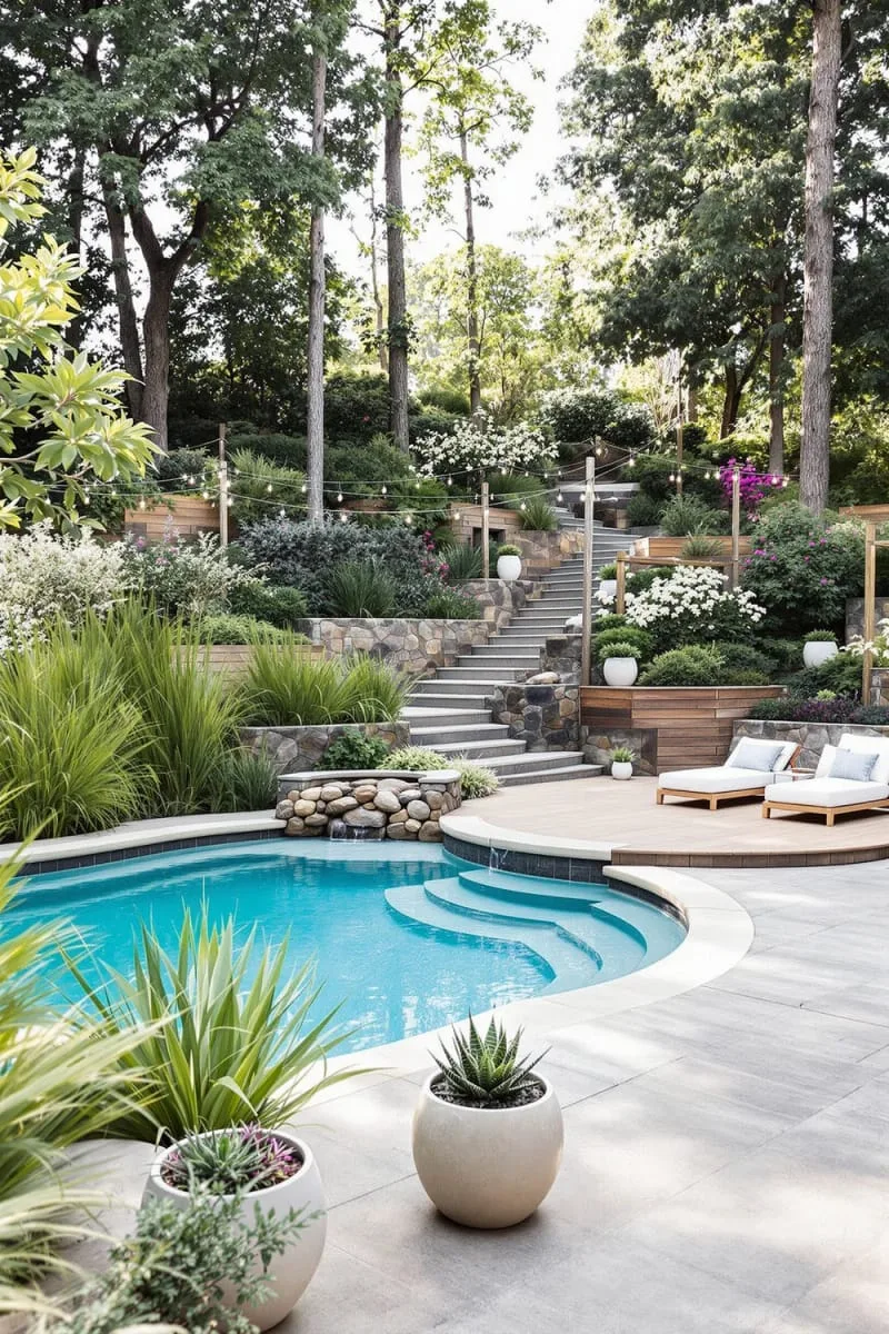 sloped backyard pool with natural stone edge and lounge platform 1