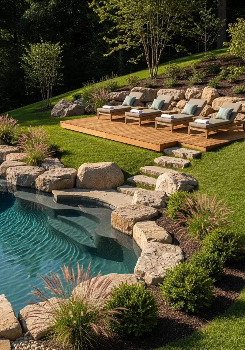 sloped backyard pool with natural stone edge and lounge platform 1