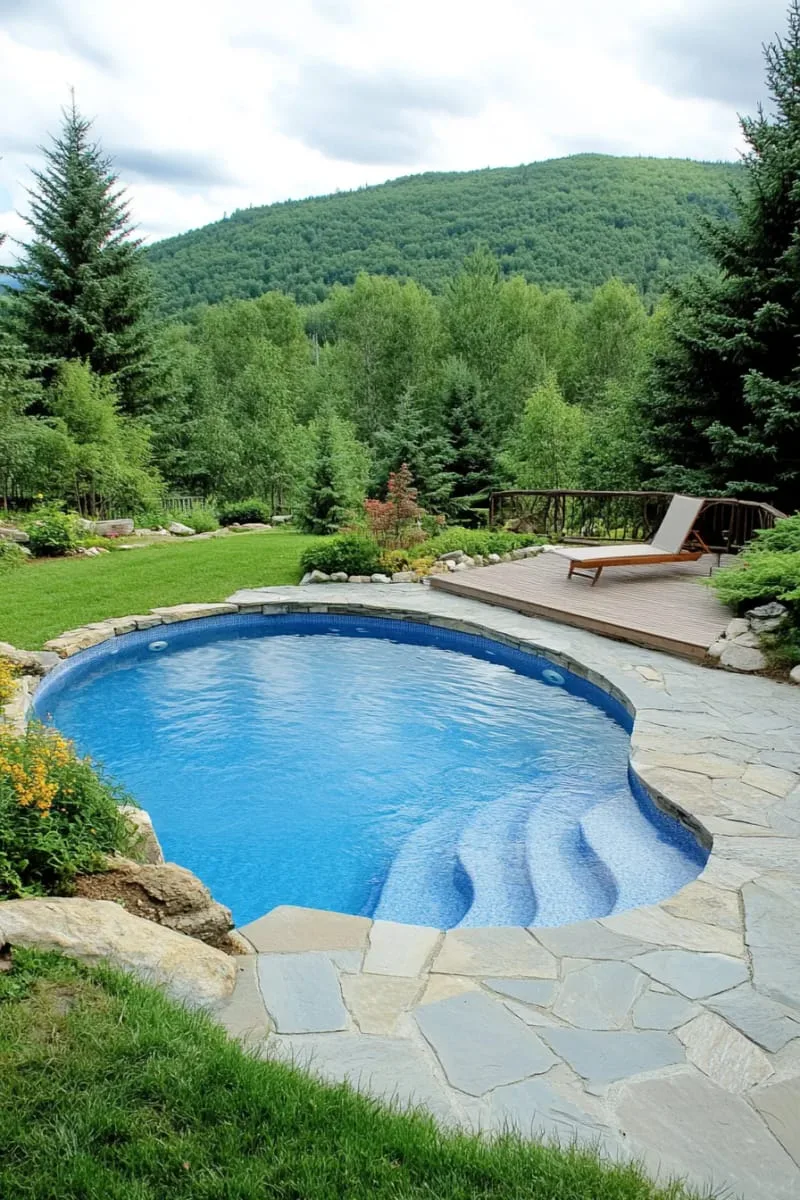 sloped backyard pool with natural stone edge and lounge platform 1