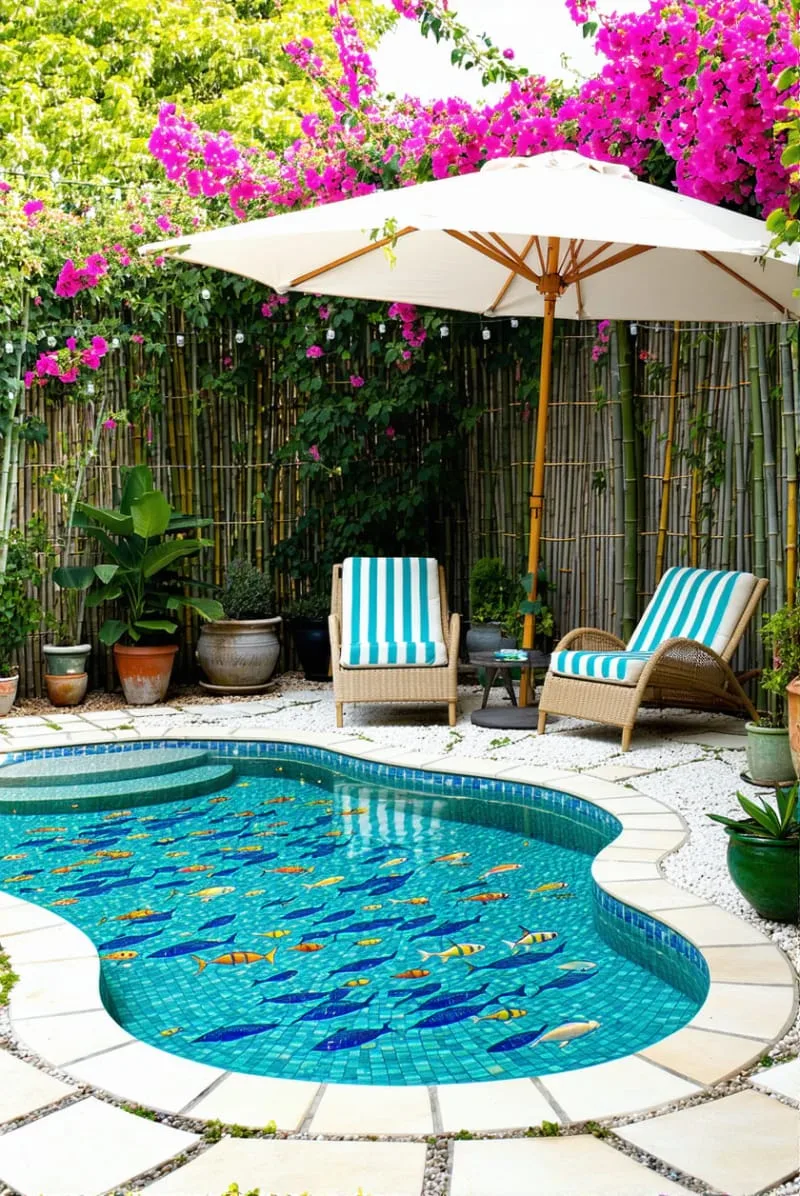 small backyard plunge pool with zero-entry and mosaic fish tiles 1